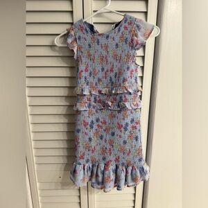 Aqua girls’ blue floral smocked dress